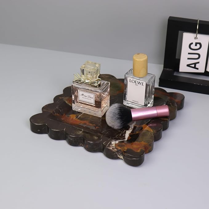 Square Marble Decorative Tray with Scalloped Edge, Luxury Natural Stone Bathroom Vanity Tray, Dresser Top Perfume Coffee Home Kitchen Sink Tray, Key Trinket Ring