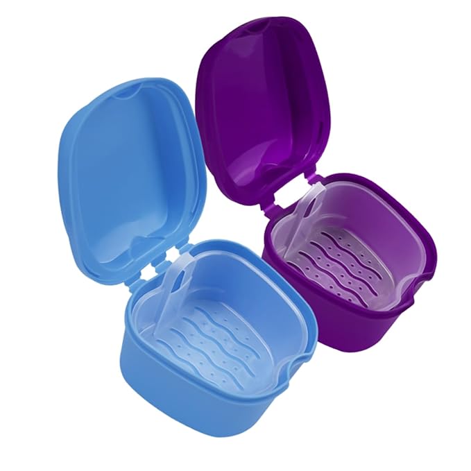 2pcs Denture Bath Retainer Case, Dentaure Cups for Soaking Dentures with Strainer Basket Tray,Compact and Pportable Design, Suitable for Traveling (Light Blue+Purple)