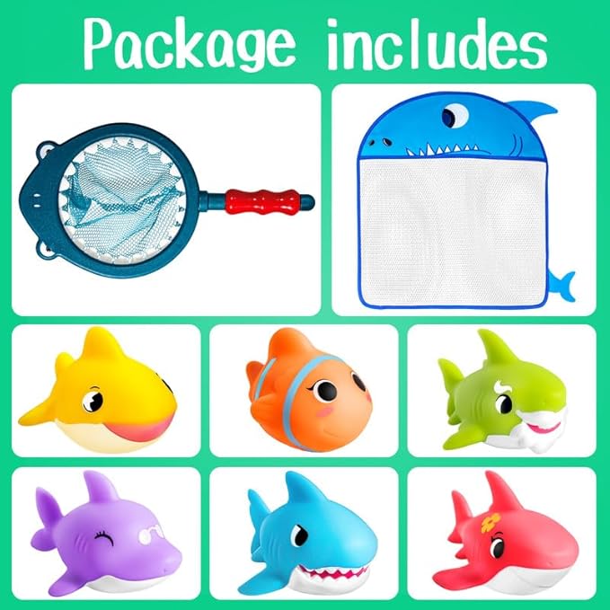 No Hole Bath Toys for Kids - Shark Bath Toys Set with Bath Net & Storage - Floating Toys for Water Pool Shower