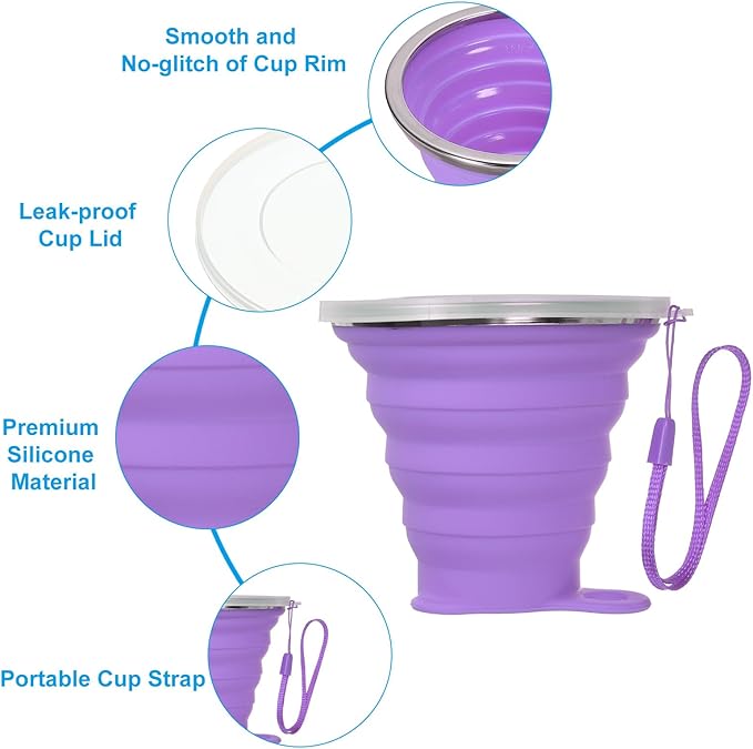 PATIKIL Collapsible Travel Cup, 2 Pack 270mL Travel Folding Cup with Lid Silicone Portable Drinking Cup for Traveling Camping, Purple