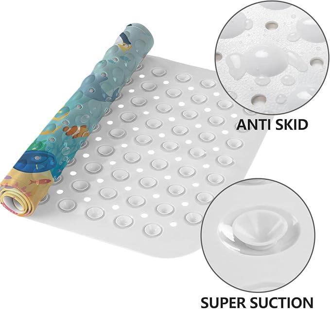 LNOND Bath Mat for Tub for Kids, Whales and Fish Bathtub Mat, Kids Bath Mats for Bathroom Non Slip with Drain Holes and Suction Cups,Machine Washable (40 X 16 Inch)