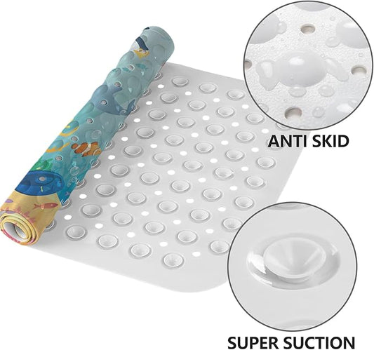 LNOND Bath Mat for Tub for Kids, Whales and Fish Bathtub Mat, Kids Bath Mats for Bathroom Non Slip with Drain Holes and Suction Cups,Machine Washable (40 X 16 Inch)