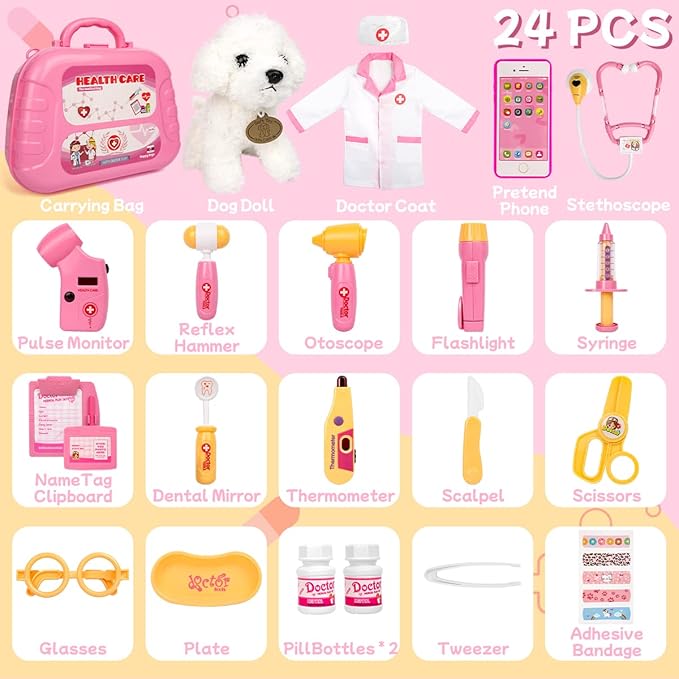 Meland Toy Doctor Kit for Girls - Pretend Play Doctor Set with Carrying Case,Stethoscope Toy & Dress Up Costume - Doctor Play Set for Girls Toddlers Ages 3 4 5 6 Year Old for Role Play Gift