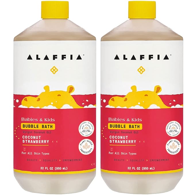 Alaffia Babies and Kids Bubble Bath, Gentle Baby Essentials for Delicate Skin, Cleansing & Calming Bubbles, Plant Based Formula, Vegan, Coconut Strawberry (2 Pack - 32 Fl Oz Ea)