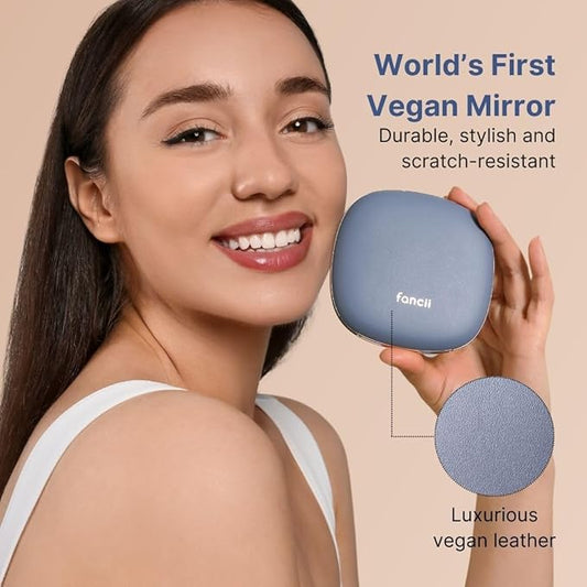 Fancii Mila 2 LED Lighted Compact Makeup Mirror, Rechargeable, 10x /1x Magnifying, Tru-Glow Light System, Vegan Leather, Small Travel Mirror for Purses (Harbor Blue)