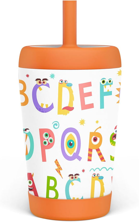 Kid Insulated Stainless Steel Tumbler with Silicone Straw, 12oz Sippy Cup for Kids (Alphabet)
