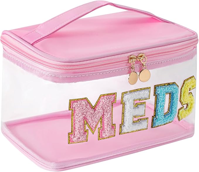 Large Waterproof Chenille Letter Medicine Clear Makeup Bag, Transparent PVC Nylon Preppy Patch Cosmetic Bag with Handle, Portable Meds First Aid Travel Organizer Cosmetic Bag (04MEDS-Light Pink)