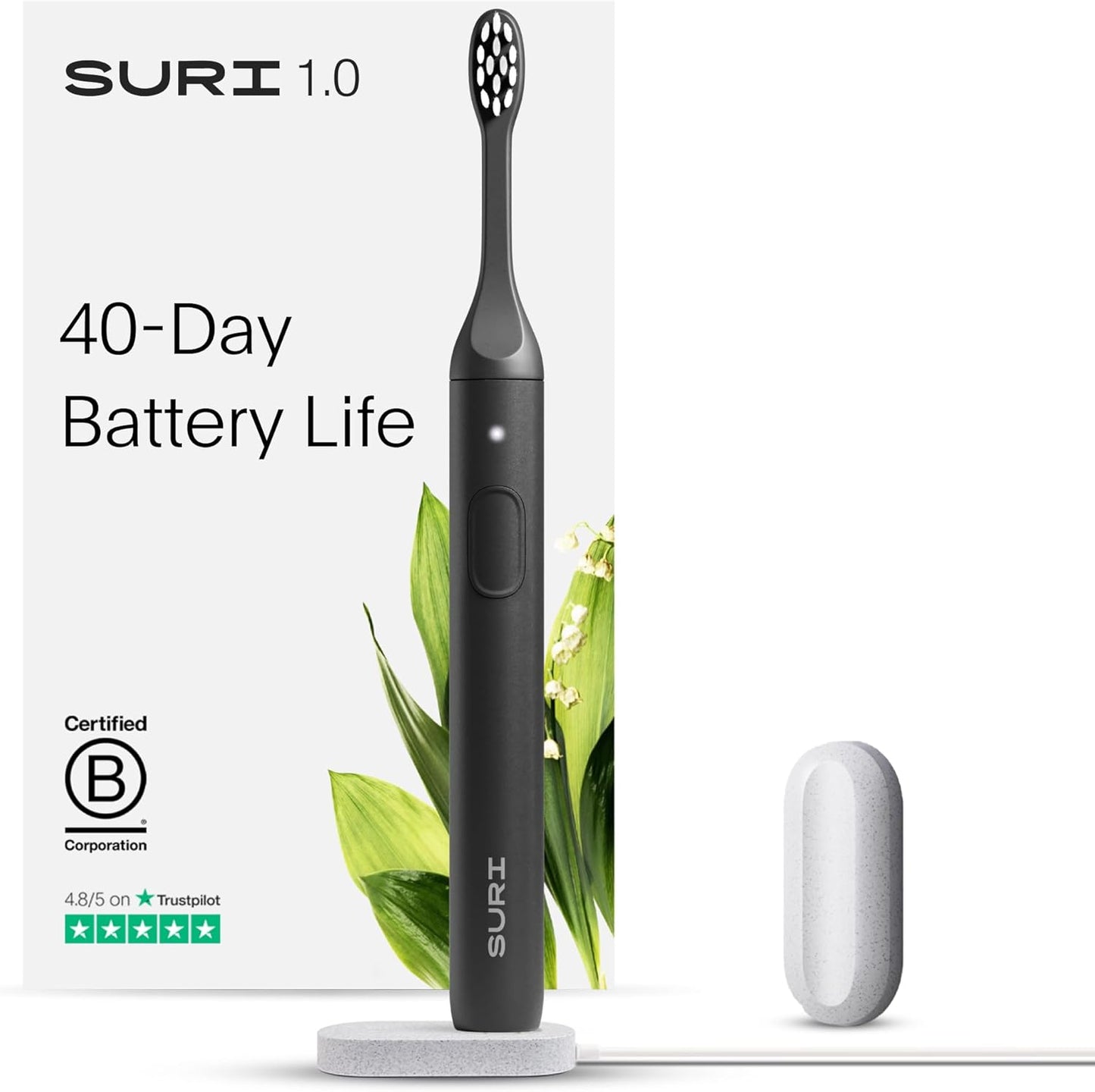 SURI 1.0 Sonic Electric Toothbrush | 1 Month+ Battery | Designed in California | Sustainable Electric Toothbrush for Adults | Travel Toothbrushes | Tooth Brush | Black