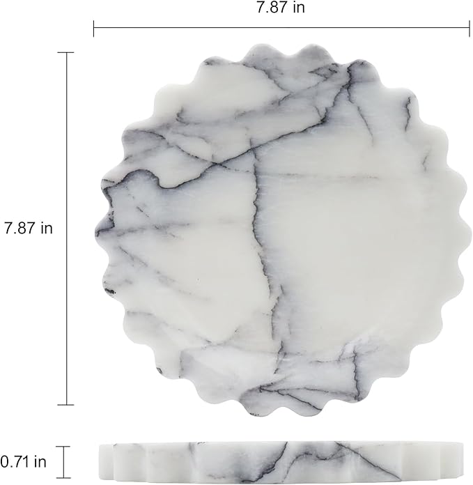 Round Marble Decorative Tray with Scalloped Edge, Luxury Natural Stone Bathroom Vanity Tray, Dresser Top Perfume Coffee Home Kitchen Sink Tray, Key Trinket Ring