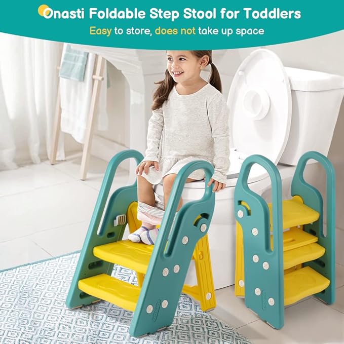 Onasti Foldable Toddler Step Stool for Bathroom Sink, Adjustable 3 Step Stool for Kids Toilet Potty Training Stool with Handles, Child Kitchen Counter Stool Helper, Plastic Ladder for Toddlers Green