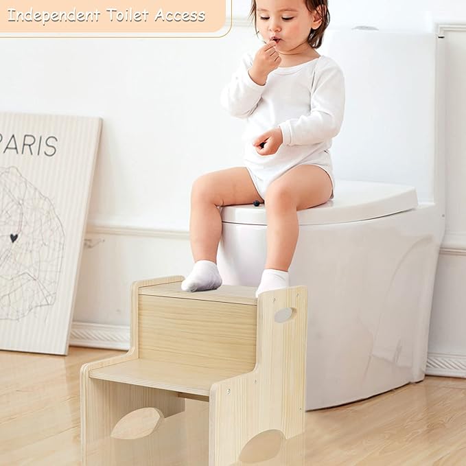 WOOD CITY Toddler Step Stool for Kids, Wooden Two Step Children's Stool with Handles, Bonus Non-Slip Pads for Safety, Bathroom Potty Stool & Kitchen Step Stools Dual Height