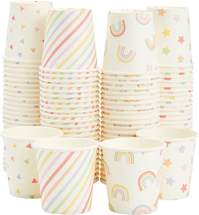Sparkle and Bash 100 Pack 4 Oz Mini Disposable Paper Cups for Espresso, Mouthwash, Tea, Coffee - Rainbow