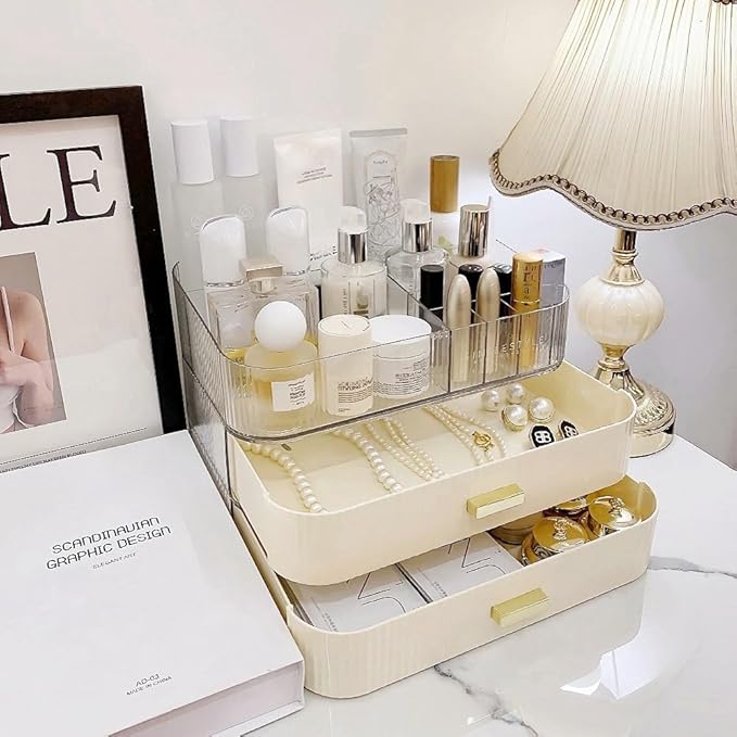 Makeup Organizer with Drawers Stackable Skincare Cosmetic Makeup organization for vanit Bathroom Desk Countertop (Cream)