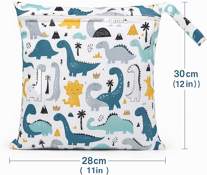 Waterproof Wet Dry Bag, Reusable Diaper Pouch with Zipper, Machine Washable Travel Organizer for Beach, Daycare, Kids, Dinosaur Pattern (White Dino)