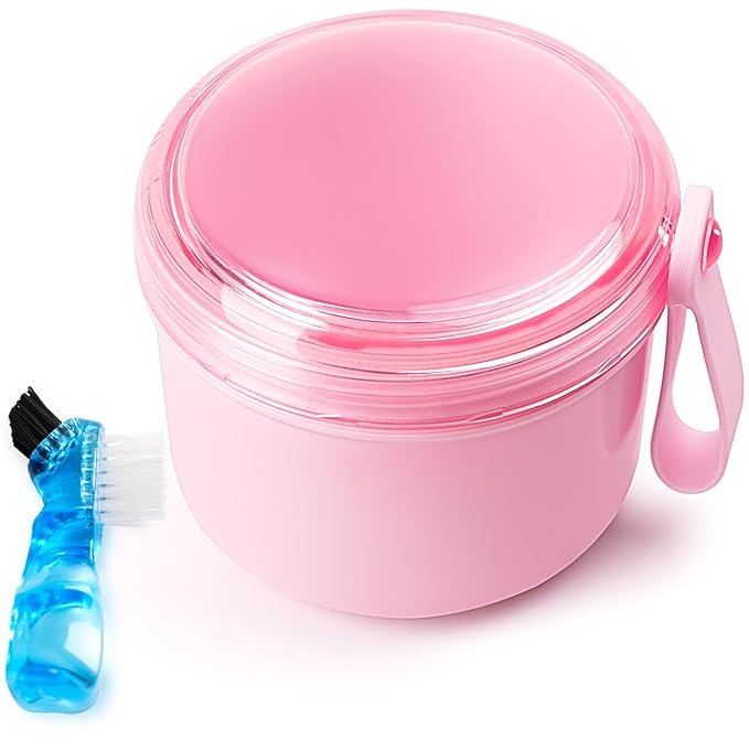 Leak Proof Travel Denture Bath Case for Full Dentures, Denture Cups for Soaking Dentures, Denture Container Cups with Brush for Dentures, Aligner, Retainers, Mouth Guard (Pink)