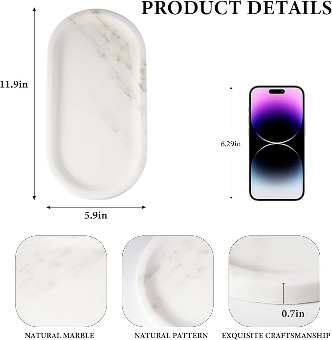 Koville Natural Marble Tray for Bathroom Countertop, Marble Storage Trays for Perfume, Cosmetics, Jewelry, Vanity Tray Stone Trays for Kitchen, Decorative Tray for Dresser Organizer(Calacatta White)
