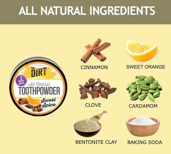 The Dirt - Remineralizing Tooth Powder, Natural Fluoride-Free Teeth Whitening Powder with Hydroxyapatite, Flouride & Gluten Free, Organic Vegan (Sweet Spice, 25g: 3 Month Supply)