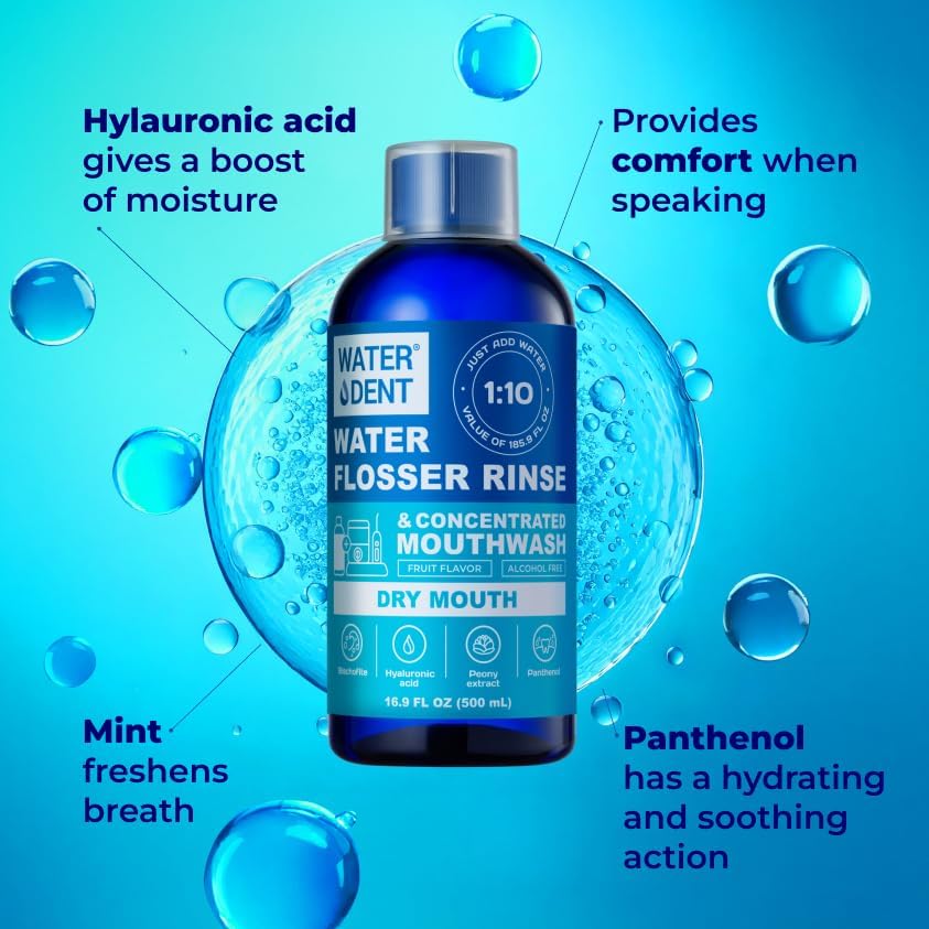 Concentrated Irrigant and mouthwash Dry Mouth | Add to Water Flossers | Fruit Flavor | When dilluted 16.9 fl.oz = 186 fl.oz | Alcohol Free, Fluoride Free. Made in USA (Non-Medical) WATER DENT