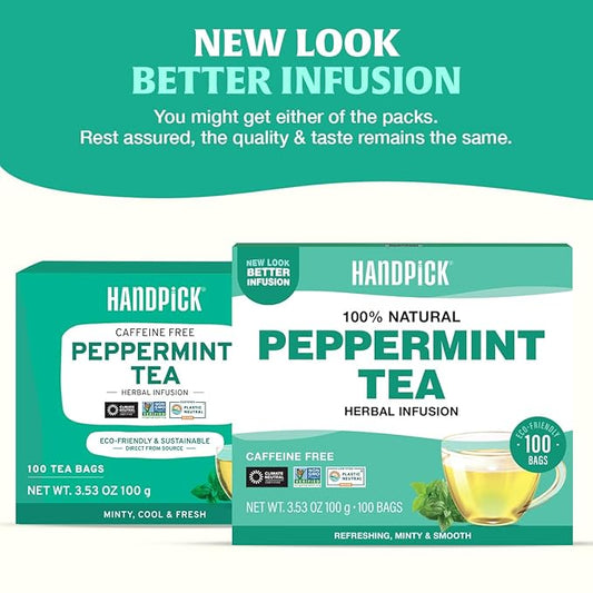 HANDPICK, Peppermint Tea, Eco-Conscious Tea Bags - 100 Count | Caffeine Free, Non-GMO | Minty, Fresh & Cool flavor | Direct From Source