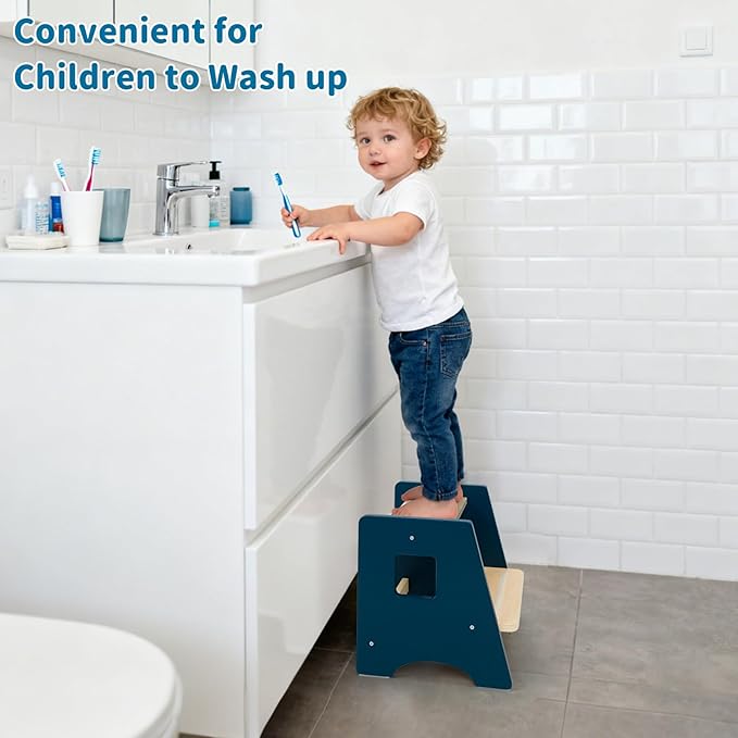 WOOD CITY Toddler Step Stool-Wooden 2 Step Stools for Bathroom Sink Potty Training Kitchen Stool Helper for Kids Bonus Non-Slip Pads and Handles for Safety Blue
