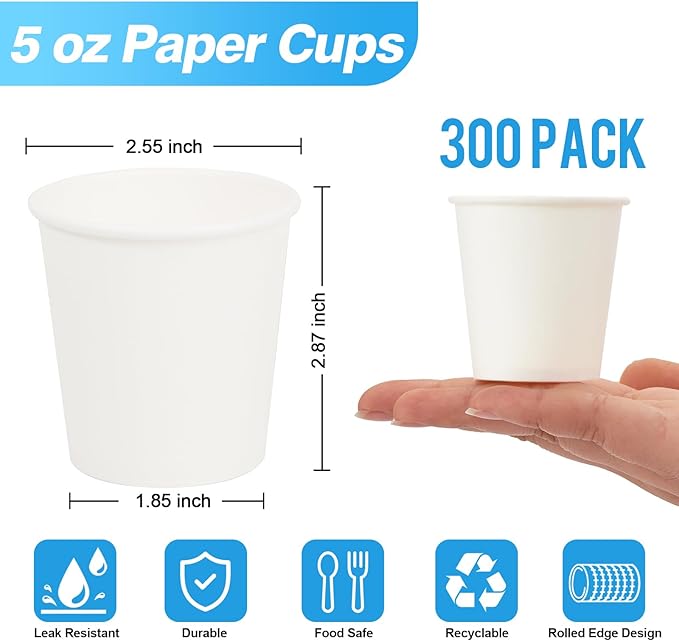 300 Pack 5 oz Paper Cups, Small Bathroom Cups Disposable Paper Cup for Mouthwash,Hot/Cold Beverage Drinking Cup for Party, Picnic, BBQ, Travel and Event