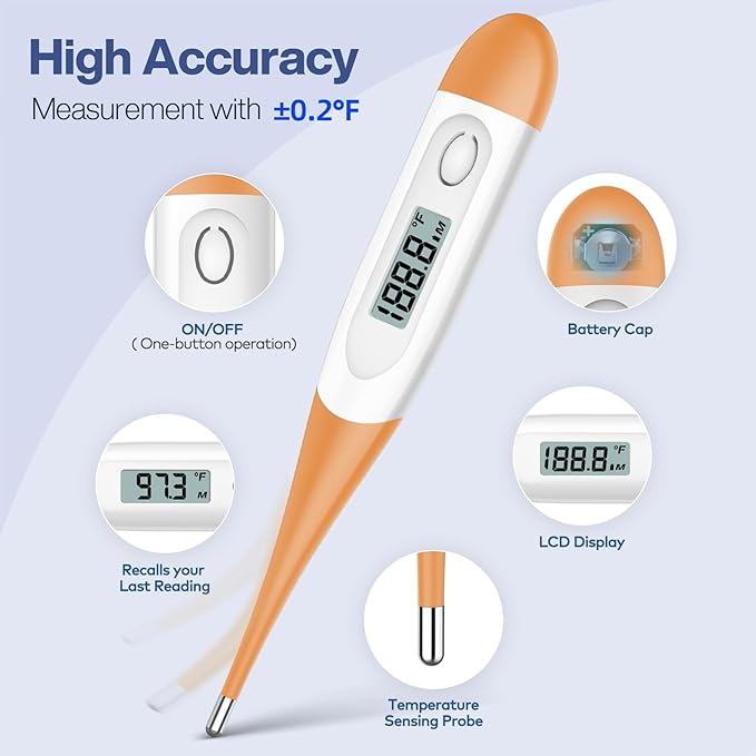 Boncare 10 Seconds Digital Thermometer for Adults and Kids - Accurate & Safe Rectal Thermometer for Baby with Fever Alarm, Oral Thermometer FSA HSA Eligible (Orange)