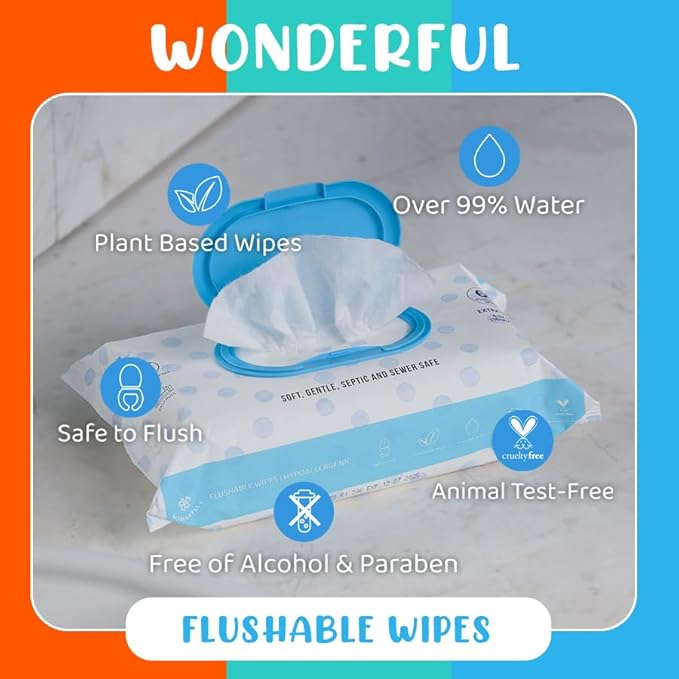 WONDERFUL Flushable Butt Wipes, Variety 100% Plant-Based Wet Wipes for Adults & Kids; Sewer, Septic Safe; Gentle for Sensitive Skin, Wipes Flushable Pack for Bathroom & Travel, 3-Pack (180 Count)