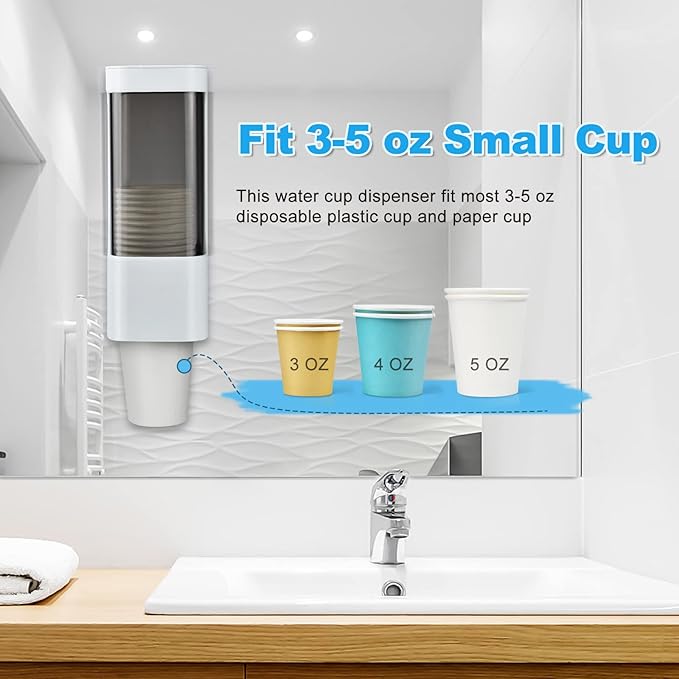LBTING Water Cooler Cup Dispenser, Pull Type Cup Holder Fit 3oz - 5oz Small Bathroom Disposable Cups, Adhesive Wall Mounted Cup Dispenser - White