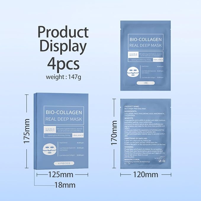 Bio-Collagen Real Deep Mask, Overnight Hydrating Mask, Pore Minimizing, Firming, Yeast Extract, Low Molecular Hyaluronic Acid Solution, Low Molecular Collagen, 28g, 4ea (With nasolabial fold patches)