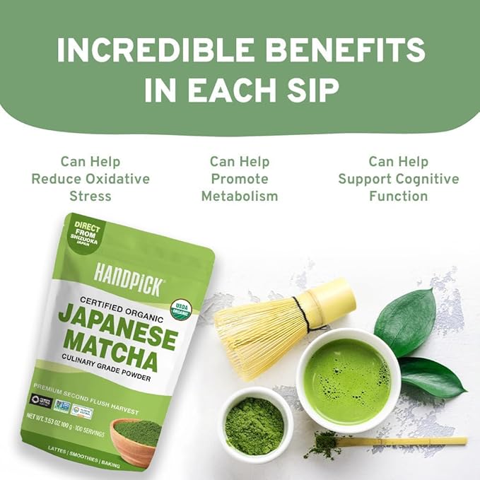 HANDPICK Japanese Organic Matcha Green Tea Powder (100 Servings) - Authentic Premium Second Flush Harvest | Resealable Ziplock Pouch