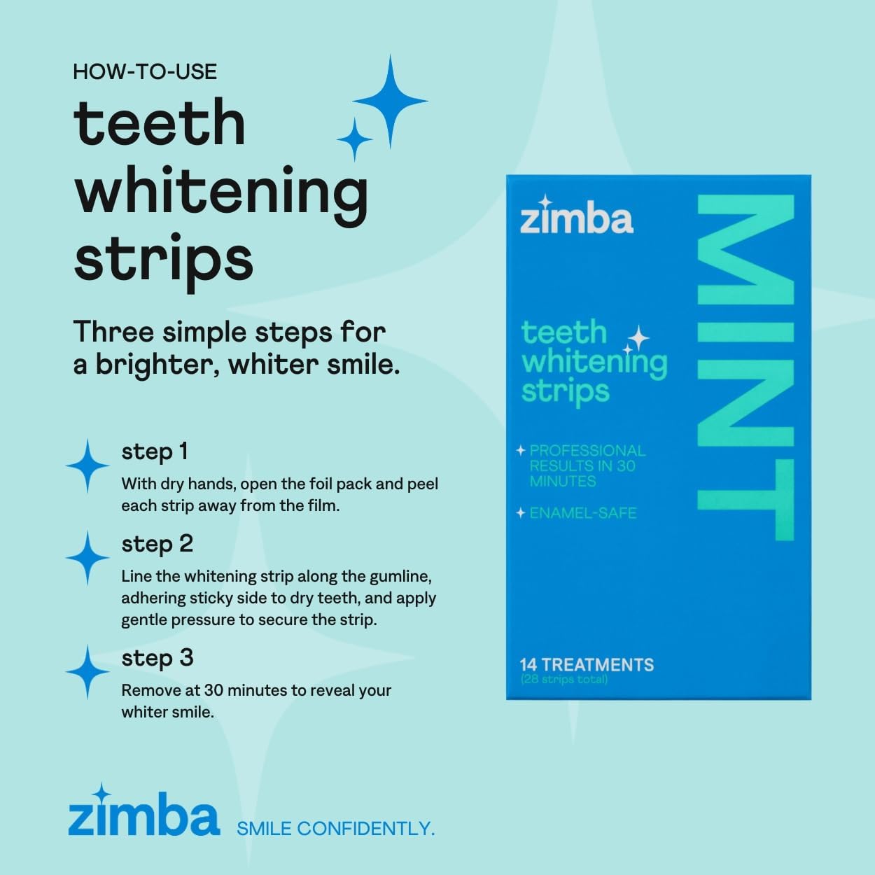 Zimba Teeth Whitening Strips Vegan Whitening Strip Enamel Safe Teeth Whitening Hydrogen Peroxide Teeth Whitener for Coffee, Wine, Tobacco, and Other Stains, 28 Strips (14 Day Treatment), Mint