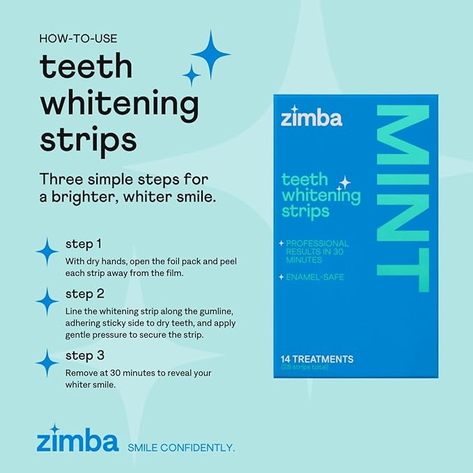 Zimba Teeth Whitening Strips for Teeth Sensitive, White Strips for Teeth Whitening, Teeth Whitener Stain Remover 28 White Strips Included Per Pack, 2 Pack (14 Day Treatment), Strawberry and Mint