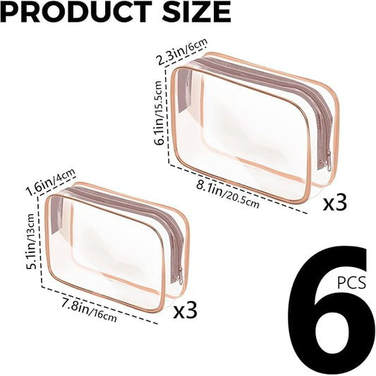 AURUZA 6 Pack Travel Toiletry Bag, Clear Makeup Bag, TSA Approved Cosmetic Bag with Zipper, Clear Organizer Carry on Bag for Women, PVC Cosmetic Pouch (Rose Pink, 6 Packs)