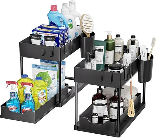 2-Tier Under Sink Organizer – Sliding Storage Rack with 4 Hooks & 1 Cup | Multi-Purpose Space Saving Shelf for Kitchen Cabinet, Countertop, Bathroom, Pantry & Office Organization, Black