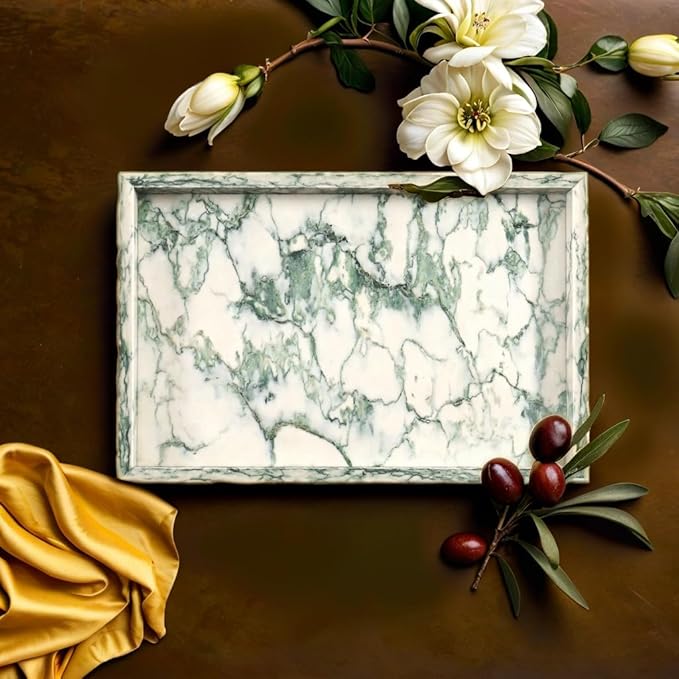 Yew & Tulip Natural Marble Vanity Tray, Nature Marble with Green Textures Serving Tray for Bathroom, Kitchen, Vanity, Home Decor, Wedding etc. (12" x 8" x 1.2")