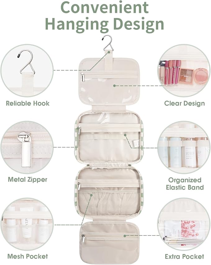 Narwey Hanging Toiletry Bag for Women Travel Checkered Makeup Bag Organizer Toiletries Bag for Travel Size Essentials Accessories Cosmetics (Mint Green Checkerboard (Medium))