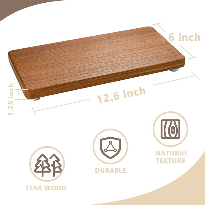 12.6"x6" Solid Teak Wood Riser & Tray - Farmhouse Organizer with Non-Slip Base | Rustic Bathroom & Kitchen Tray for Countertop, Sink Decor | Natural Finish Pedestal Stand (Neutral Home Decor)