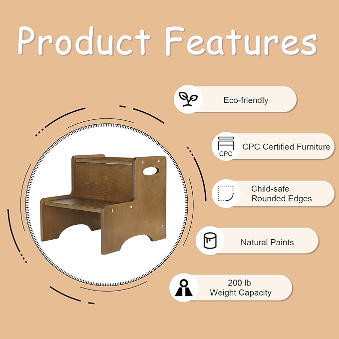 WOOD CITY Toddler Step Stool for Kids, Wooden Brown Two Step Children's Stool with Handles, Bonus Non-Slip Pads for Safety, Bathroom Potty Stool & Kitchen Step Stools Dual Height