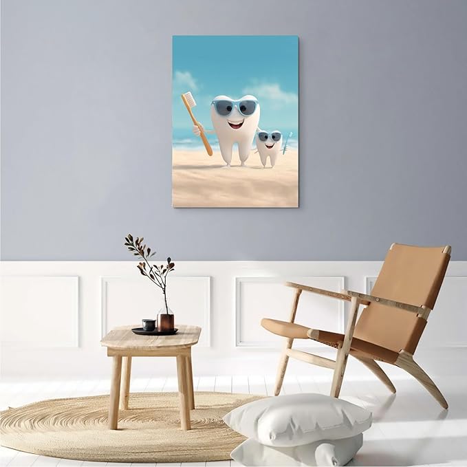 SchindlerBang Vibrant Tooth Vacation Art,Sunny Beach Canvas,Cheerful Decor for Summer Clinics,Pool Houses,and Vacation Rentals 12x16inch Ready to Hang