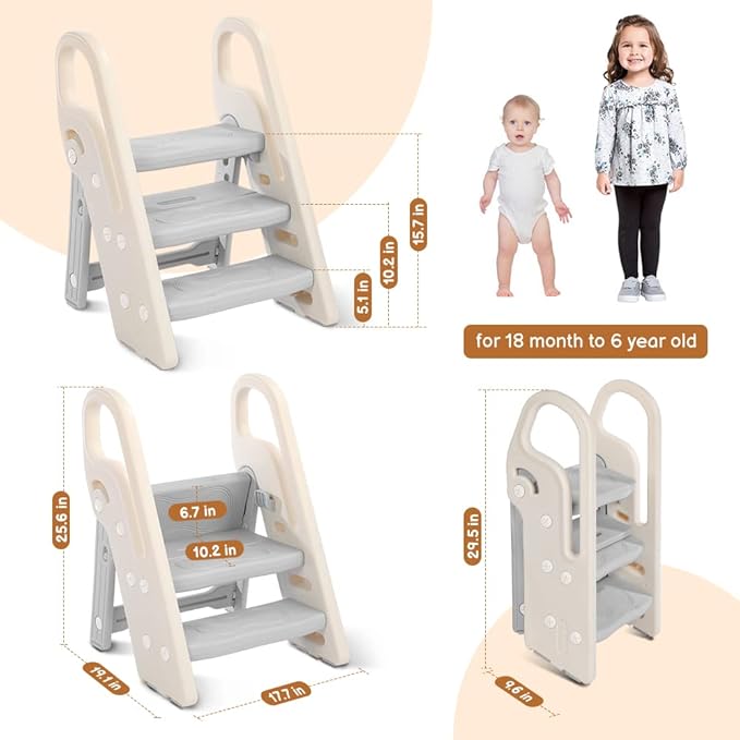 Onasti Foldable Step Stool for Bathroom Sink, Adjustable 3 Step Stool for Kids Toilet Potty Training Stool with Handles, Child Kitchen Counter Stool Helper, Plastic Ladder for Toddlers Grey