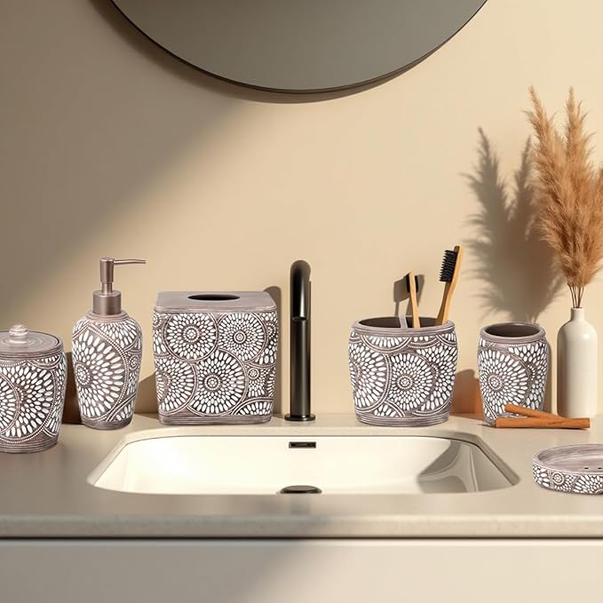 6-Piece Bathroom Accessories Set – Soap Dispenser, Toothbrush Holder, Tumbler, Soap Dish, Cotton Swab Jar & Toilet Brush – Modern Bathroom Decor Set (Ciccone)