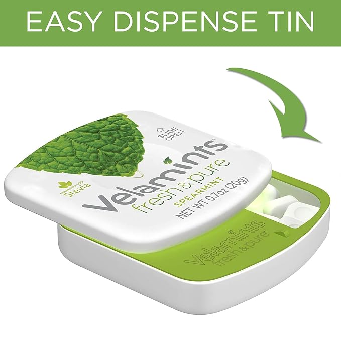 Velamints Fresh Spearmint Sugar Free Mints Tin - Fresh Breath Mint Aspartame-Free Sweetened with Stevia, 20 Gram (Pack of 6 Tins)