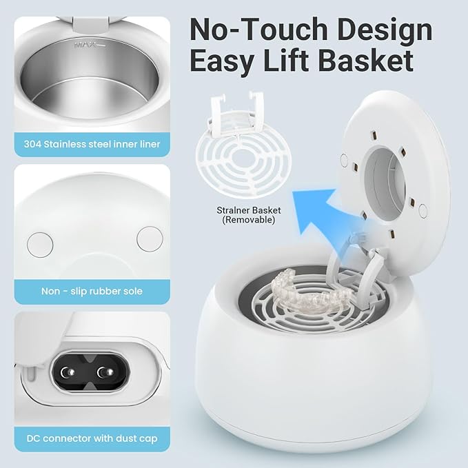Ultrasonic Retainer Cleaner Machine, 45kHz & 200ML Dental Cleaning Pod for Dentures, Aligners, Mouth Guards, Braces, Toothbrushes & Jewelry, Ultrasonic Cleaner with Digital Timer