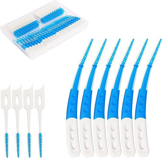 Dental Picks for Teeth Cleaning Health,300 Count Dual-Use Toothpicks,144 Count Angled Disposable Interdental Brushes,Blue