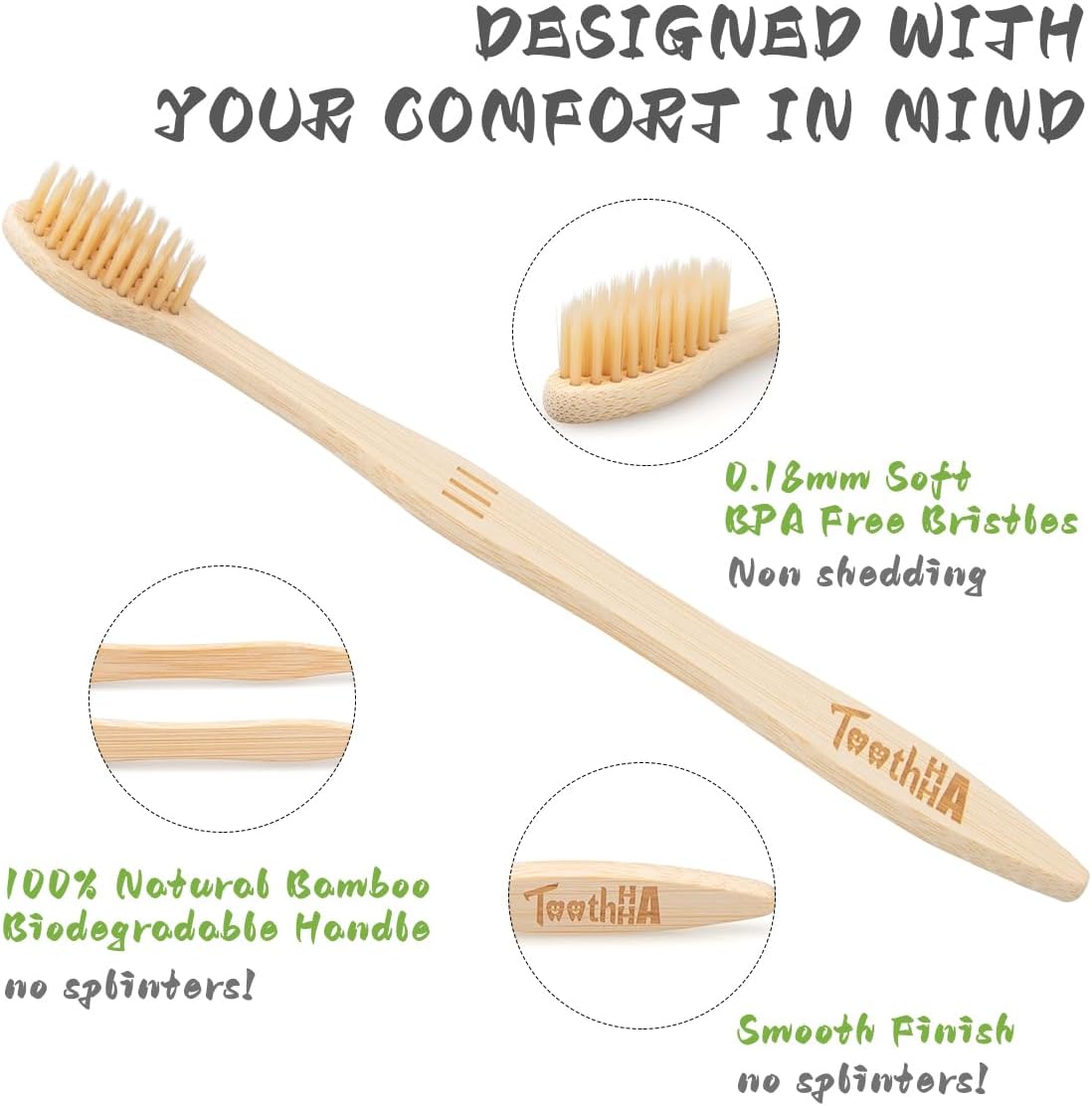 Bamboo Toothbrushes for Adults, BPA-Free Soft Tapered Bristles, Eco-Friendly Natural Organic Wooden Toothbrush, 10-Count Toothbrushes Travel Set