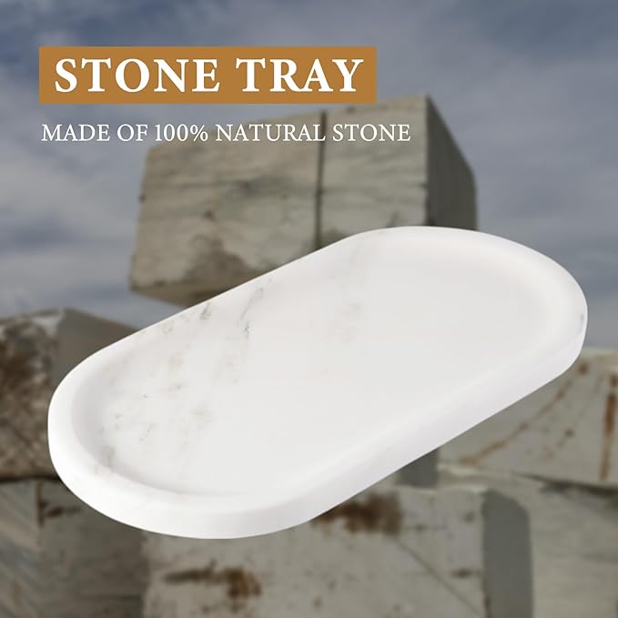Koville Natural Marble Tray for Bathroom Countertop, Marble Storage Trays for Perfume, Cosmetics, Jewelry, Vanity Tray Stone Trays for Kitchen, Decorative Tray for Dresser Organizer(Calacatta White)