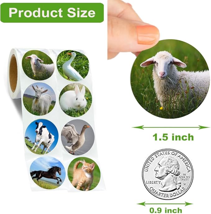 Farm Animal Stickers Roll for Kids 1.5 Inch 600Pcs Round Farm Animals Label Stickers for Boys Girls Birthday Party Favors Gifts Decoration Teachers Student Classroom Reward