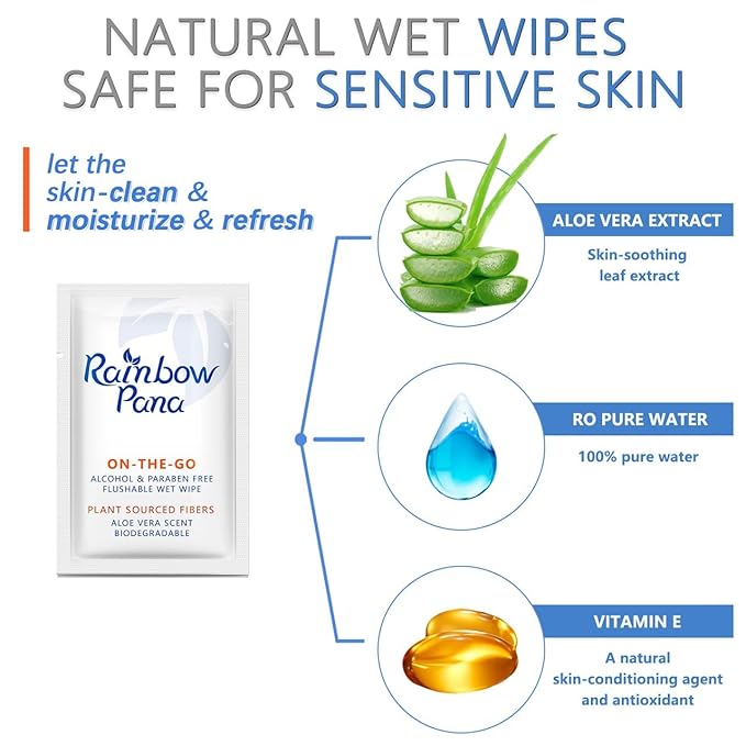 RainbowPana Flushable Wipes, 40 Count, ON-THE-GO Individually Wrapped - Butt Wipes for Women and Men, Travel Wipes for Family - Infused with Vitamin E and Natural Aloe, pH Balanced