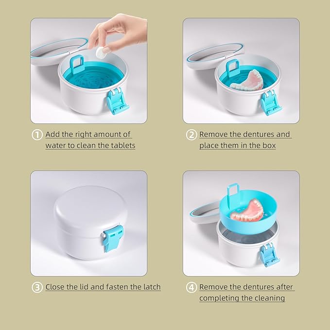ARGOMAX Leak Proof Retainer Cleaner Case, Denture Cups for Soaking Dentures, Denture Travel Case (White+Blue).