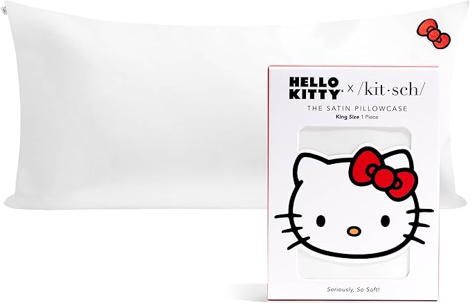 Kitsch x Hello Kitty (Solid Ivory Kitty Bow) - Satin Pillowcase with Zipper for Hair and Skin, Softer Than Silk, Smooth Cooling Pillow Covers, Machine Washable, King Size (19x36)